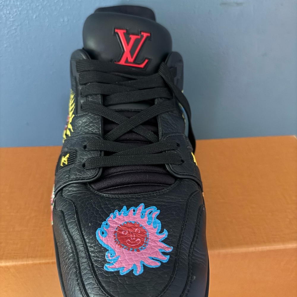 Louis Vuitton Black Leather Sneaker with Red LV Logo and Multicolor Sun Motif